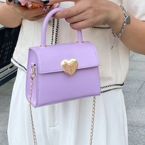 Top handle square flap crossbody bag heart gold chain purple pastel